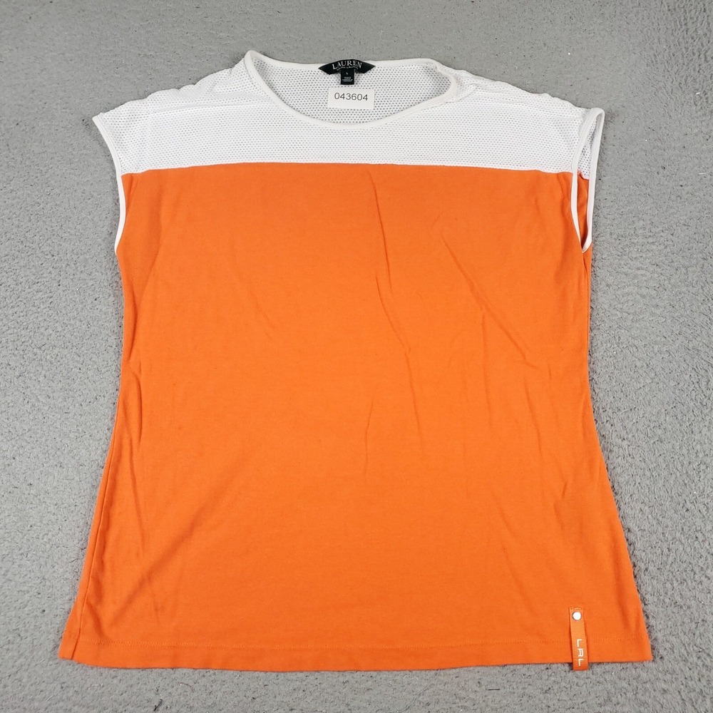 Lauren Ralph Lauren T Shirt Womens Large Orange White Sleeveless Casual Top